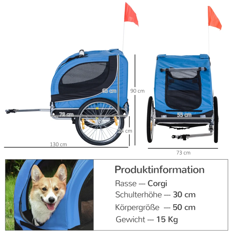 PawHut Hondenkar fietskar honden fiets blauw/zwart opvouwbaar vlag(m-3)