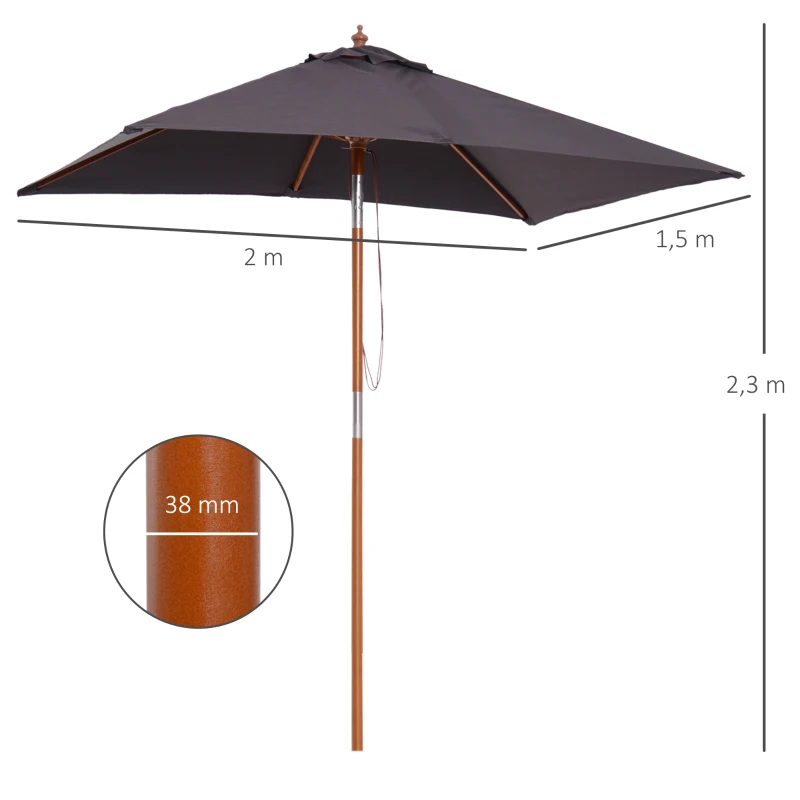 Outsunny Parasol zginany, parasol ogrodowy, parasol plażowy, 3-stopniowa regulacja, drewno jodłowe + poliester, ciemnoszary, 200 x 150 x 230 cm