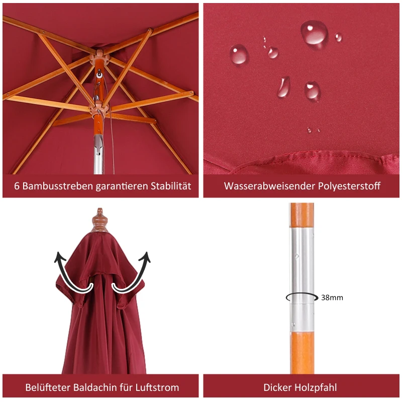 Outsunny parasol, zginany parasol ogrodowy, parasol plażowy, 3-stopniowa regulacja, drewno + poliester, czerwone wino, 200 x 150 x 230 cm