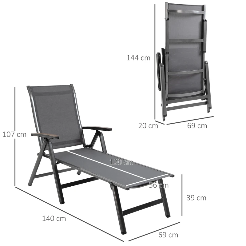 Outsunny Tumbona de Jardín Plegable Tumbona Relinable de Aluminio con Respaldo Ajustable en 5 Posiciones para Terraza Piscina Exterior Carga Máx. 150 kg 69x140x107 cm Gris