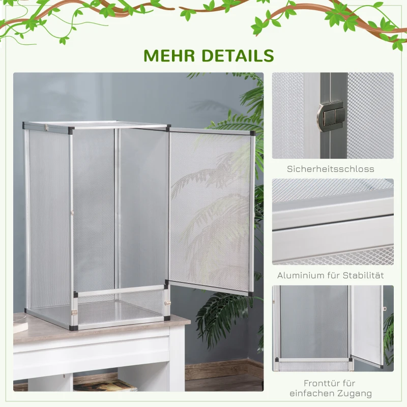 PawHut terrarium voor reptielen glazen terrarium amfibieën spinachtigen reptielenkweekbak aluminium zilver 45 x 45 x 80 cm