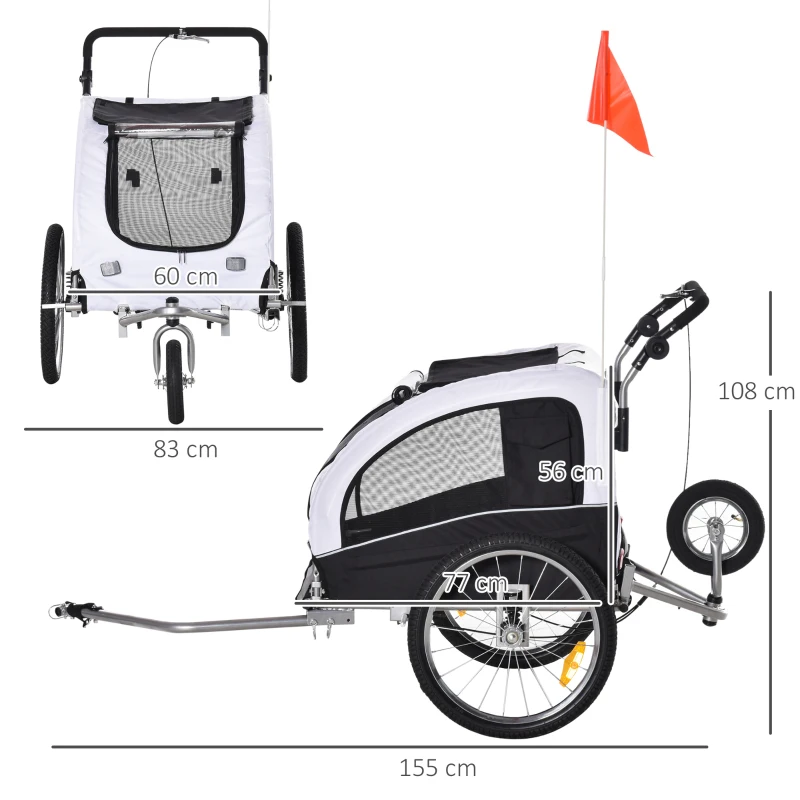 PawHut Hundeanhänger Hundebuggy mit Jogger-Funktion bis 20kg Universalkupplung Stahl Weiß+Schwarz