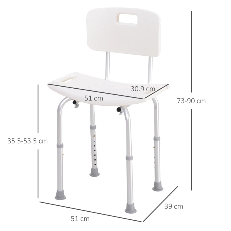 HOMCOM Scaun de Duș Antiderapant cu Spătar și Înălțime Reglabilă pe 8 Poziții, 50,6x43x71-88 cm, Alb