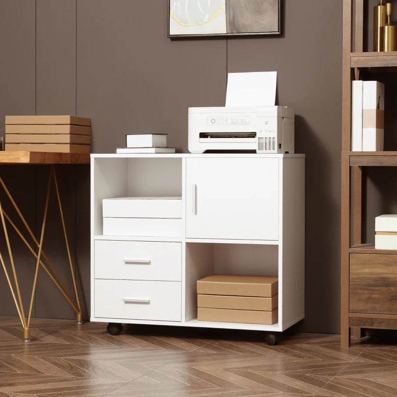 Vinsetto Printer Stand with Wheels, Mobile Printer Table with Open Shelves, Drawers and Enclosed Compartment for Home Office, 80W x 38.5D x 74.5Hcm, White