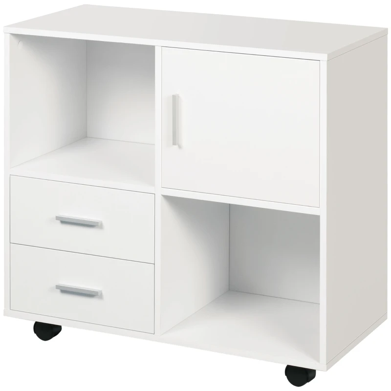 Vinsetto Printer Stand with Wheels, Mobile Printer Table with Open Shelves, Drawers and Enclosed Compartment for Home Office, 80W x 38.5D x 74.5Hcm, White