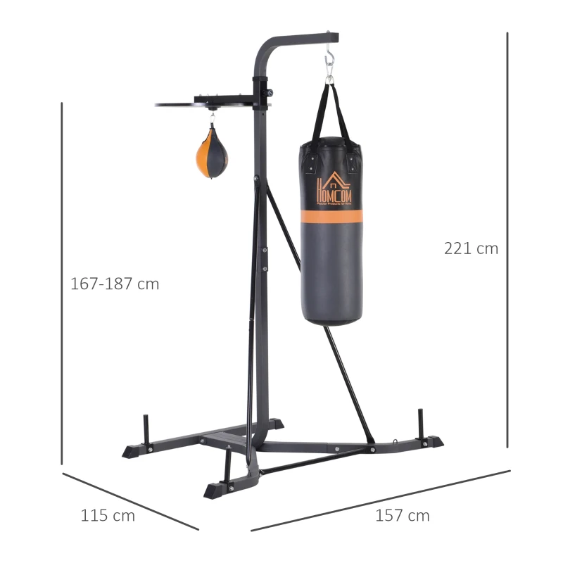 HOMCOM Saco de Boxe Suspenso com Suporte Bola de Velocidade Ajustável em Altura de 167-187cm e Inflador para Treinamento Fitness em Casa Ginásio 115×157×221 cm Preto e Cinza