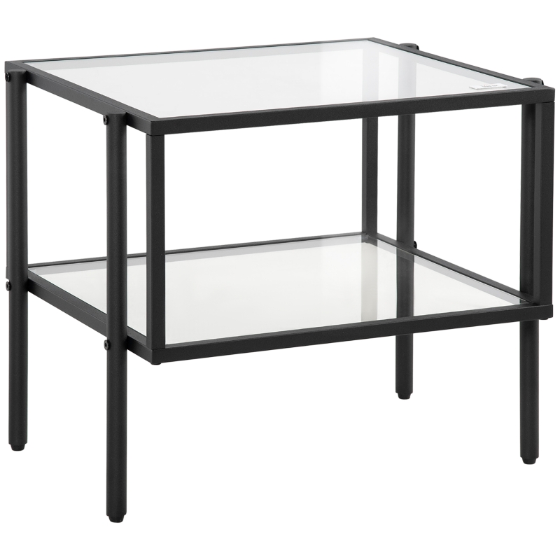 HOMCOM Tavolo Caffè Quadrato a 2 Livelli in Acciaio e Vetro Temperato per Casa e Ufficio, 54x44x45.5cm, Nero