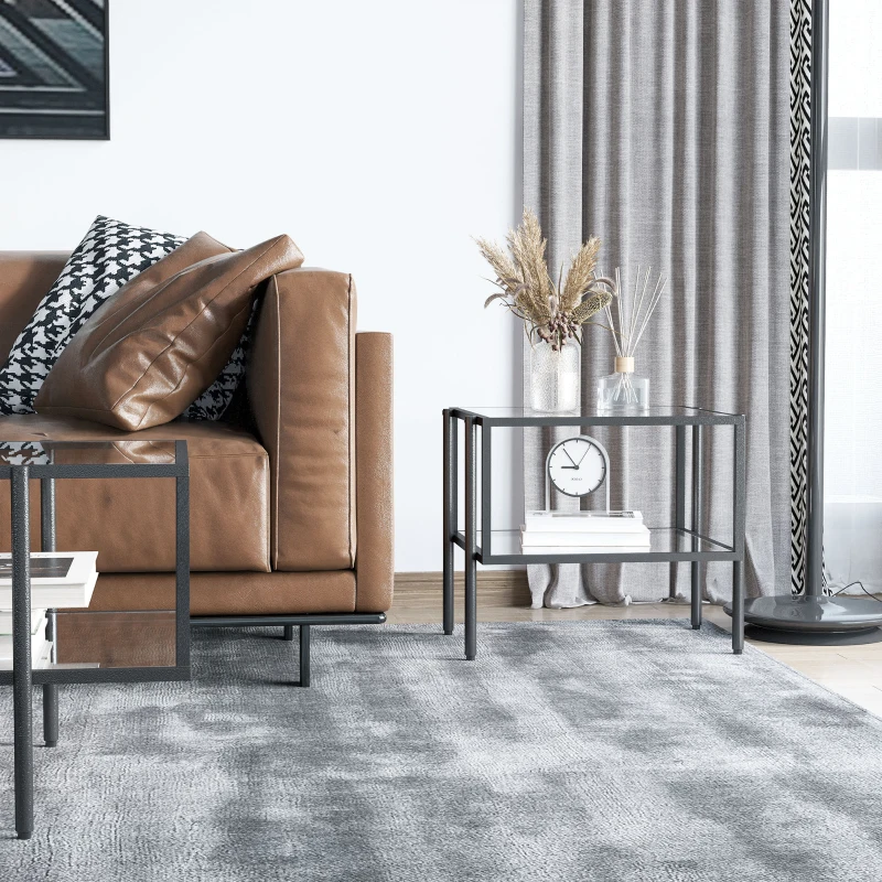 HOMCOM Tavolino da Salotto a 2 Livelli in Acciaio e Vetro Temperato per Casa e Ufficio, 54x44x45.5 cm