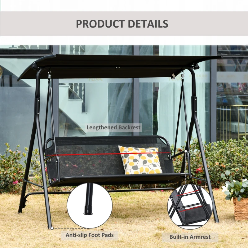 Outsunny 3 Seater Canopy Swing Chair Garden Rocking Bench Patio Balcony Terrace w/ Canopy Black