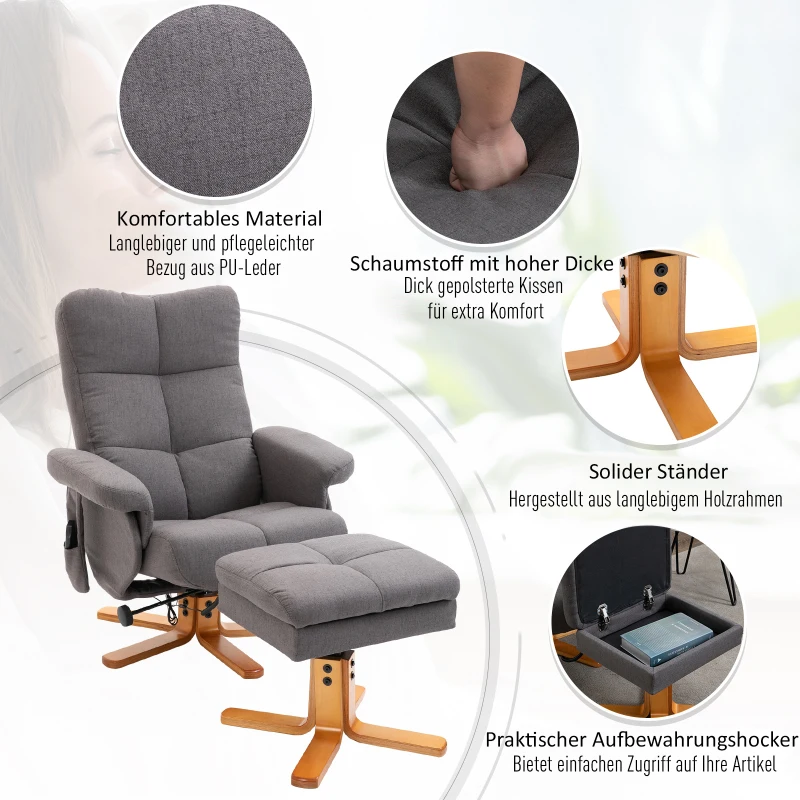 HOMCOM Massagesessel mit Fußhocker Relaxsessel Heizfunktion TV-Sessel Polyester Grau 145° Neigung 80 x 86 x 99 cm