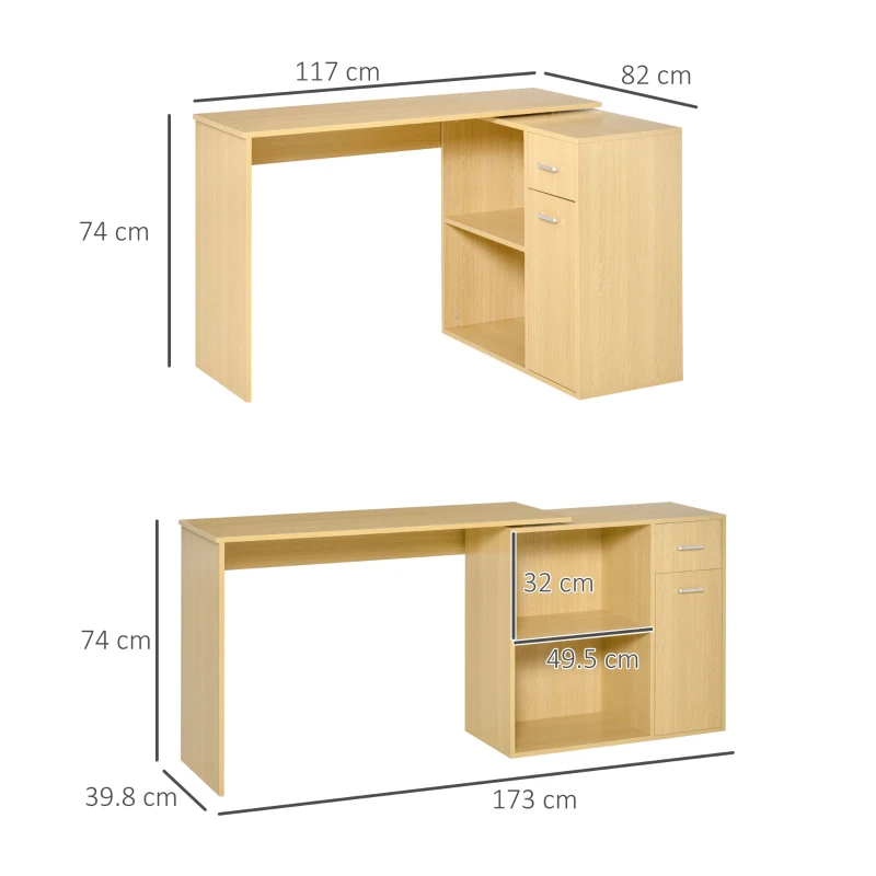 Homcom Birou pe Colt cu 2 Rafturi si 2 Sertare, Culoare Lemn Stejar, 117x82x74cm(m-3)