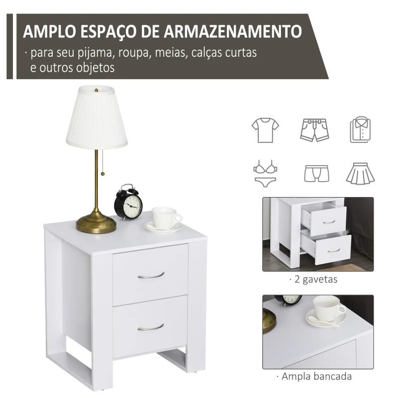 HOMCOM Mesa de Cabeceira com 2 Gavetas Pés e Base Elevada para Dormitório Mesa Lateral para Sala de Estar Estilo Moderno 48x39x54cm Branco