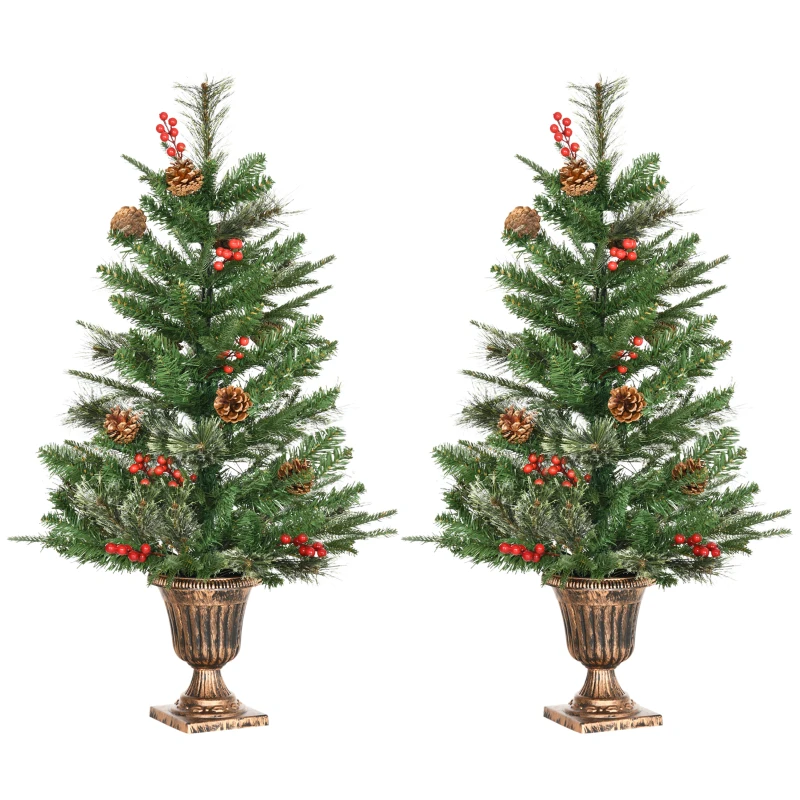 HOMCOM 2 Pieces Set 3 Ft Artificial Christmas Tree with 110 Realistic Branches, Pine Cones, Red Berries, Gold Pot, for Doorway, Porch, Green