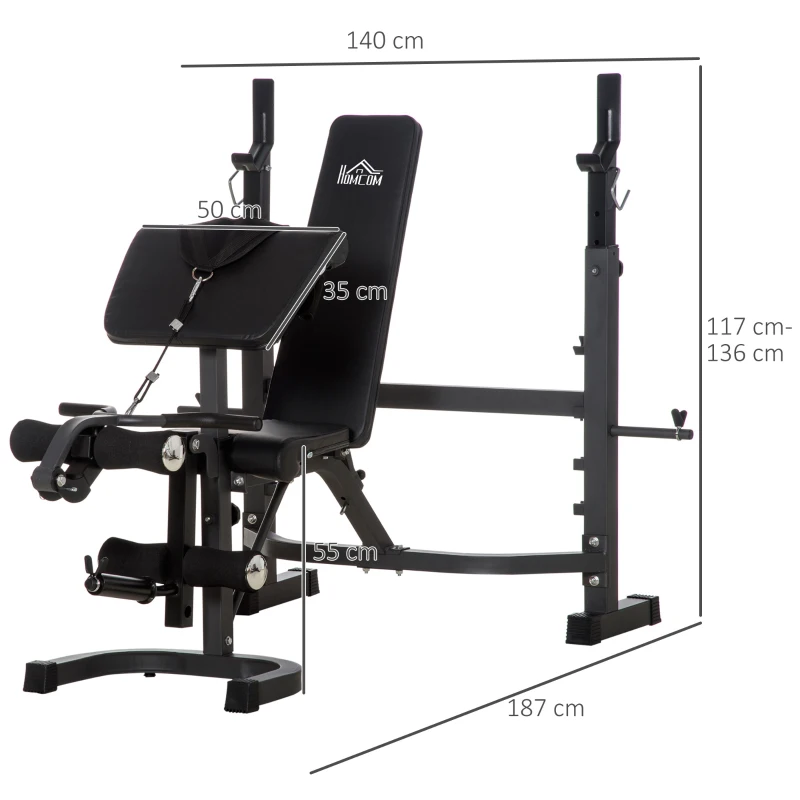 HOMCOM Banco de Musculação Multifuncional Banco de Pesos com Encosto Inclinável e Suporte de Barras com Altura Ajustável para Treinamento do Corpo Completo 187x140x117-136cm Preto
