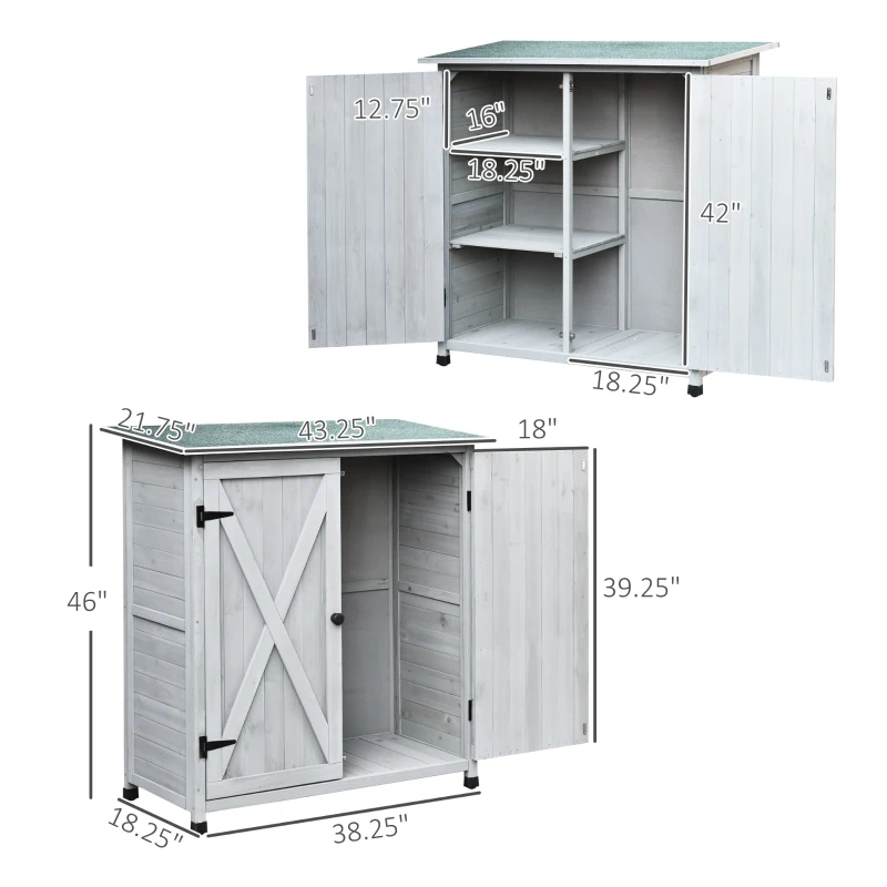 Outsunny Garden Shed Wooden Garden Storage Shed Fir Tool Cabinet Organiser with Shelves Double Door  - 110L x 55W x117Hcm Grey