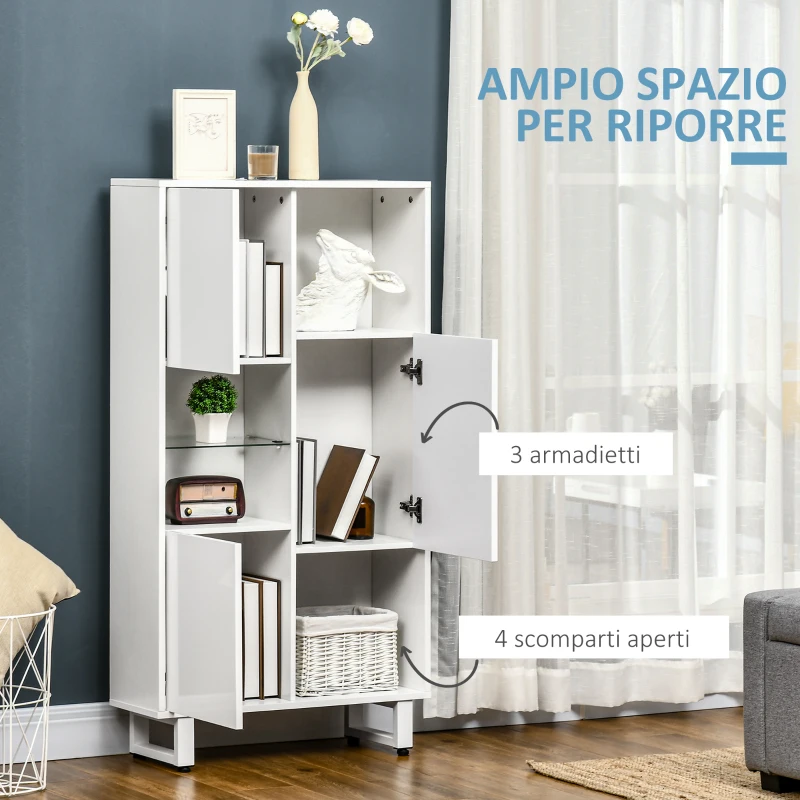 HOMCOM Credenza Moderna con 4 Vani Aperti e 3 Armadietti in Legno, 70x24.3x132cm, Bianco