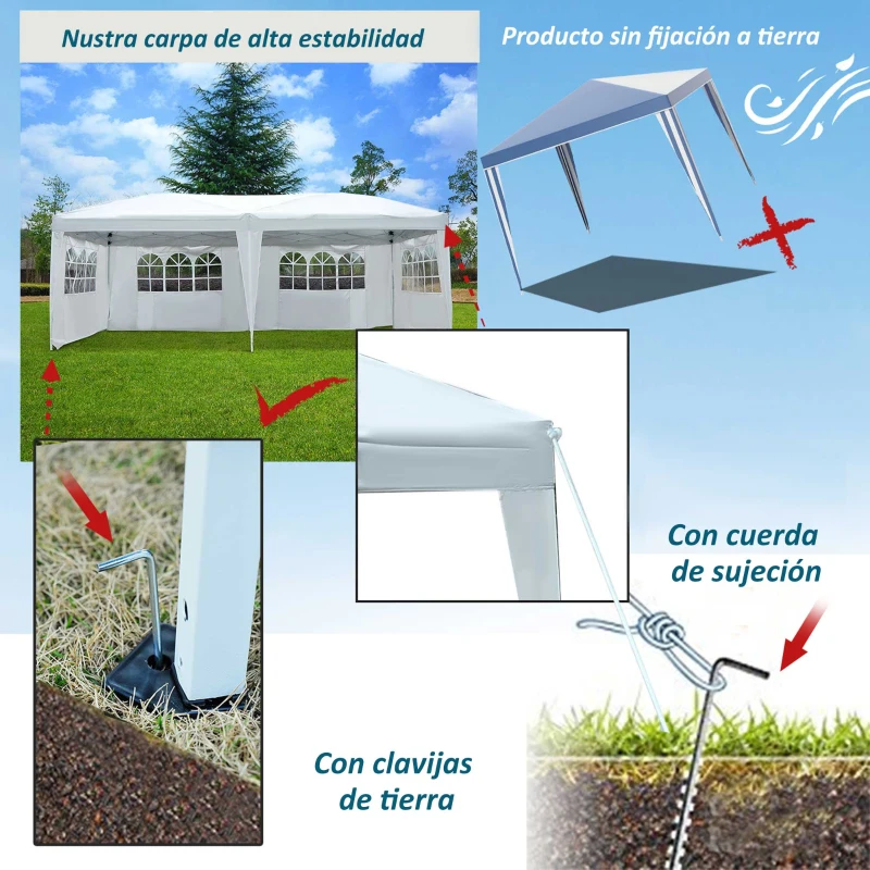 Outsunny Carpa Pabellon 6x3 metros Plegable 4 Paneles Ventanas Poliester Blanco Resistente de Agua