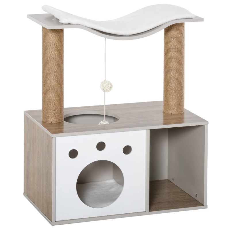 PawHut Árbol Rascador para Gatos Altura 74 cm Escalador con Plataformas Caseta de Madera Poste de Rascado Bolas y Caja de Almacenaje 60x37x74 cm Natural Blanco