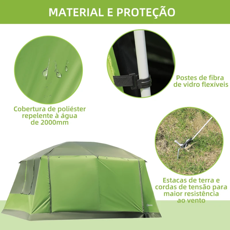 Outsunny Tenda de Campismo Familiar para 4 Pessoas Tenda de Campismo Portátil Impermeável com Bolsa de Transporte Rede Mosquiteira e Proteção Solar 410x-310x225cm Verde
