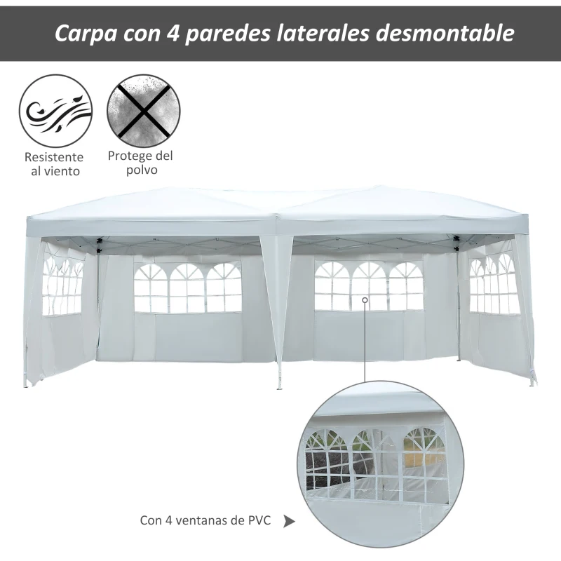 Outsunny Carpa Pabellon 6x3 metros Plegable 4 Paneles Ventanas Poliester Blanco Resistente de Agua