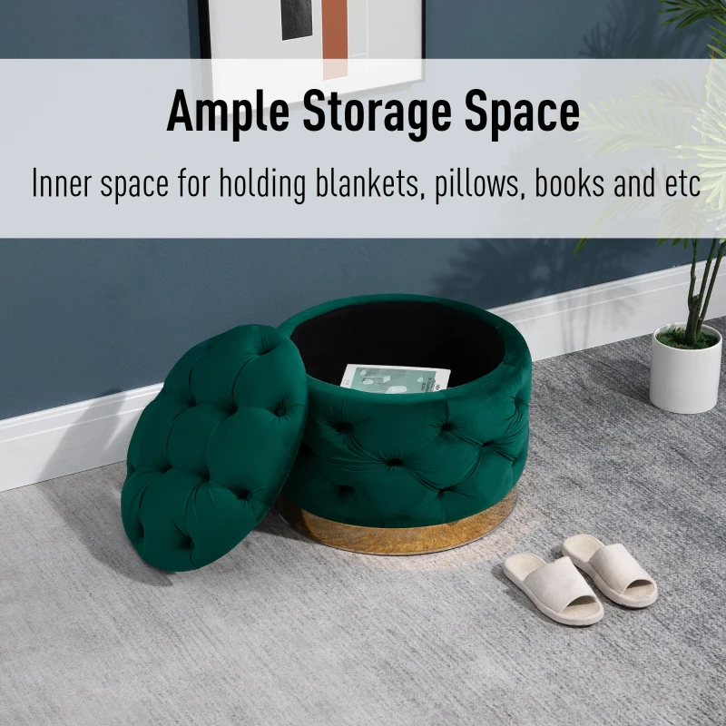 Homcom Puf Rotund cu Compartiment de Depozitare si Capac Detasabil din Catifea Verde cu Efect Matlasat si Baza Aurie