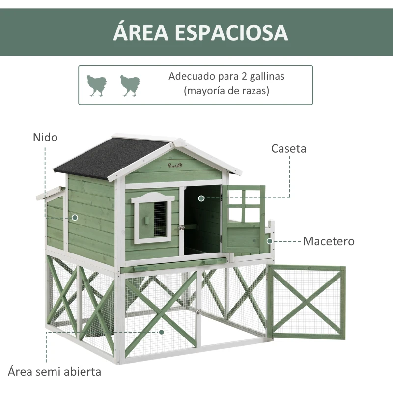 PawHut Gallinero de Madera Exterior Jaula para 2 Gallinas con Corral de Alambre Jardinera para Cultivo Nido Techo Asfáltico Bandeja Extraíble y Rampa 110x109x124 cm Verde