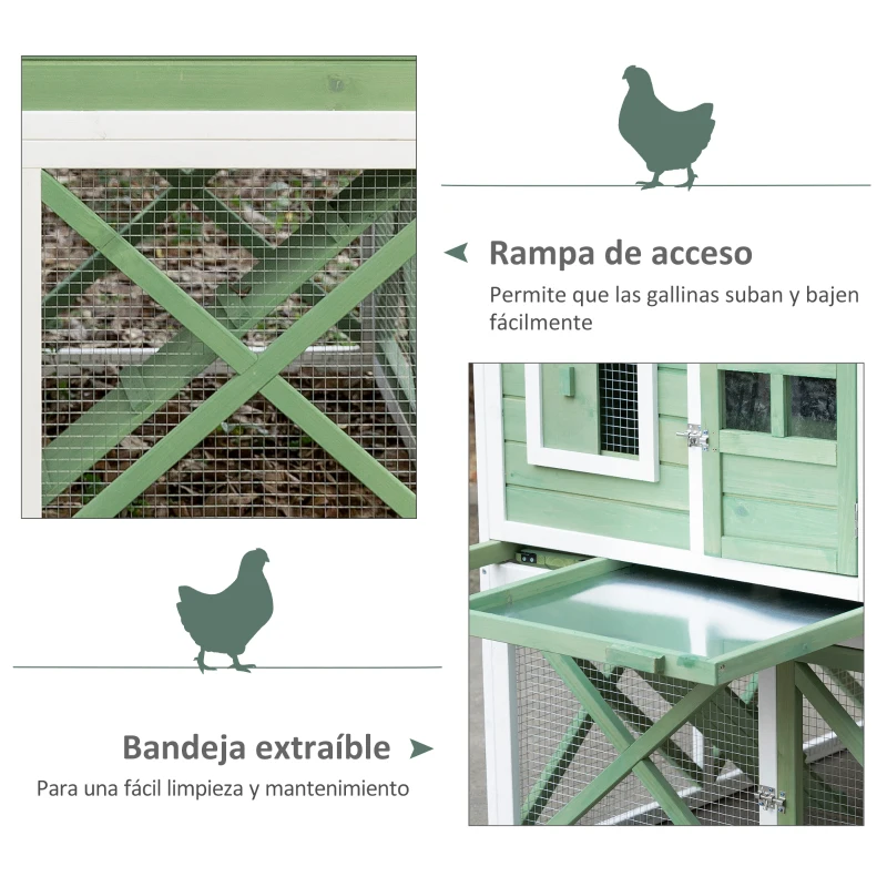 PawHut Gallinero de Madera Exterior Jaula para 2 Gallinas con Corral de Alambre Jardinera para Cultivo Nido Techo Asfáltico Bandeja Extraíble y Rampa 110x109x124 cm Verde