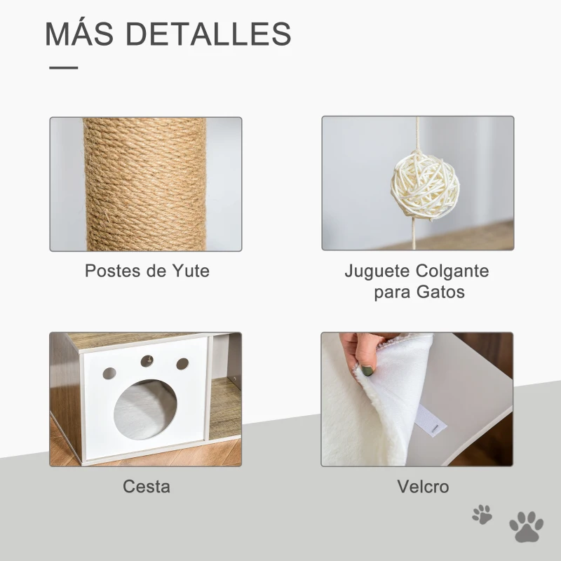 PawHut Árbol Rascador para Gatos Altura 74 cm Escalador con Plataformas Caseta de Madera Poste de Rascado Bolas y Caja de Almacenaje 60x37x74 cm Natural Blanco