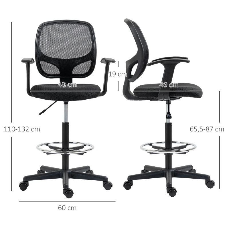 Vinsetto Bureaustoel ergonomisch met voetensteun, 5 wielen, in hoogte verstelbaar, staal, mesh-stof, zwart(m-3)