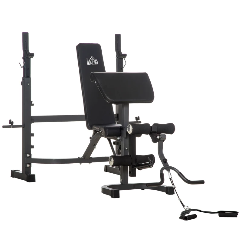 HOMCOM Banco de Musculação Multifuncional Banco de Pesos com Encosto Inclinável e Suporte de Barras com Altura Ajustável para Treinamento do Corpo Completo 187x140x117-136cm Preto