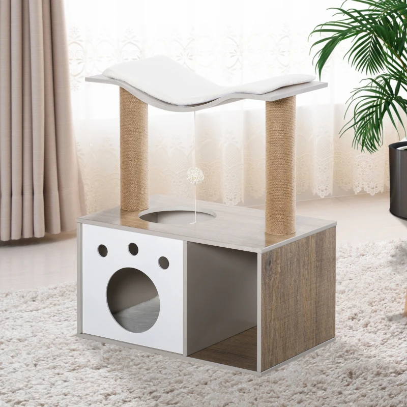 PawHut Árbol Rascador para Gatos Altura 74 cm Escalador con Plataformas Caseta de Madera Poste de Rascado Bolas y Caja de Almacenaje 60x37x74 cm Natural Blanco