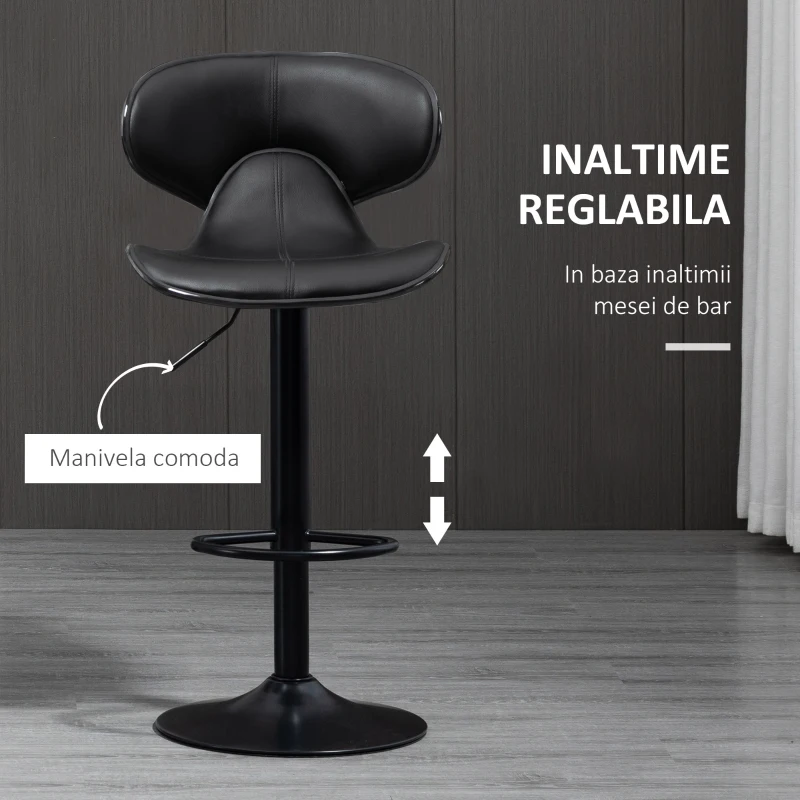 HOMCOM Set de 2 scaune de bar reglabile pe inaltime, PU, otel si spuma de cauciuc, 45,5x46x89,5-109,5cm, negru