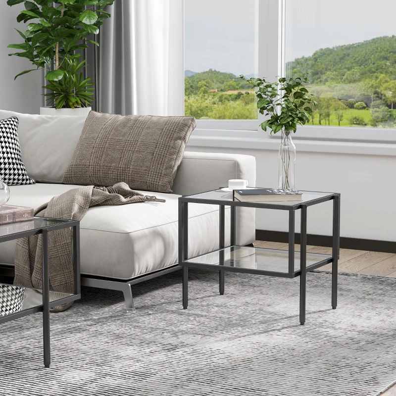 HOMCOM Masuta de cafea stil minimalist cu 2 niveluri, sticla temperata, 54x44x45.5cm, negru