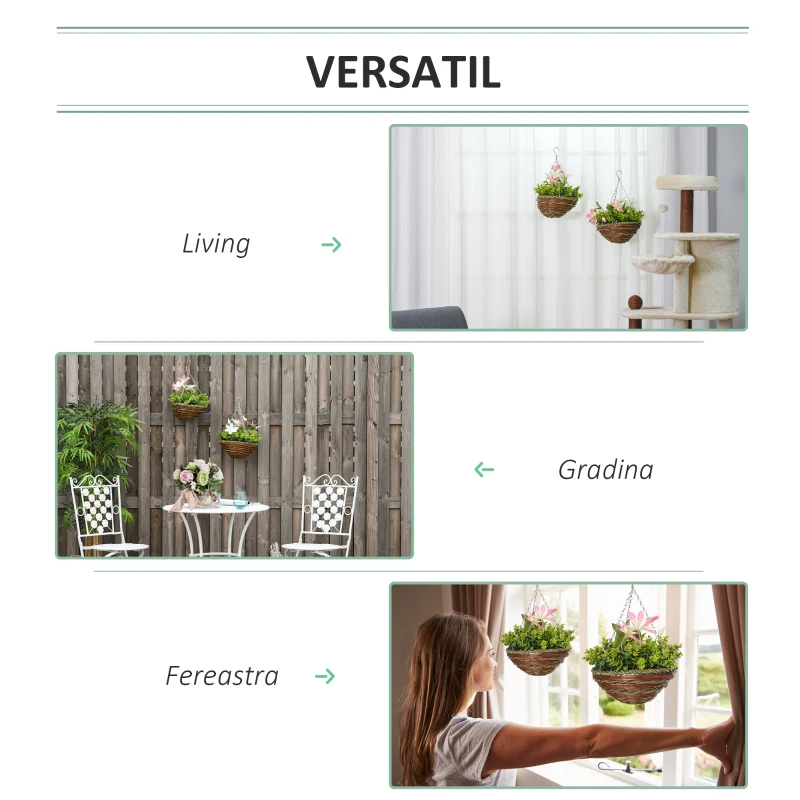 Outsunny Set din 2 plante artificiale, cu cuier si lant pentru agatare, Ф30 x 32 cm, frunze verzi, flori albe si rosii