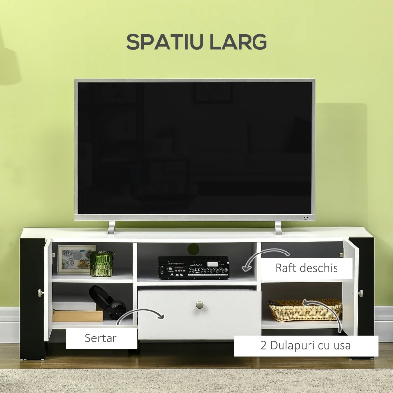 HOMCOM Dulap TV modern cu dulapuri, sertar si polita, dulap joasa din lemn pentru TV pana la 65", 140x43x48cm, alb-negru