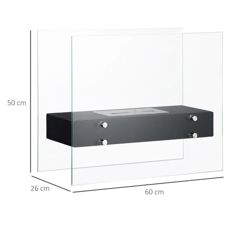 HOMCOM Semineu cu bioetanol din metal si sticla securizata cu ardere de 3 ore cu rezervor de 1,5 l si capac de 25 m², 60x26x50cm, negru