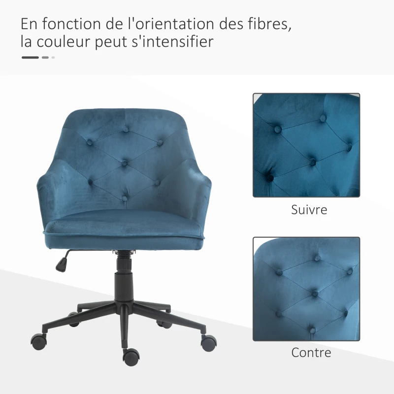 Vinsetto Chaise de bureau fauteuil de bureau ergonomique hauteur réglable pivotante à 360° revêtement velours grand confort 63 x 64 x 96 cm bleu
