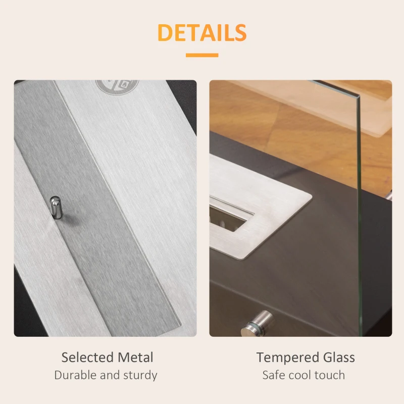 HOMCOM Semineu cu bioetanol din metal si sticla securizata cu ardere de 3 ore cu rezervor de 1,5 l si capac de 25 m², 60x26x50cm, negru