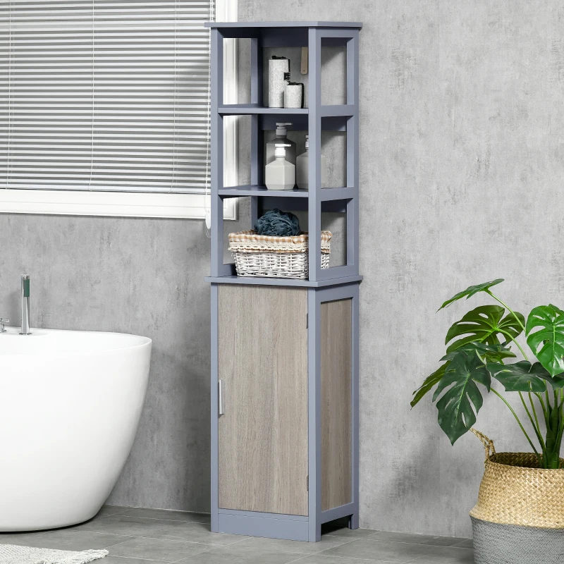 kleankin Dulap de baie cu 3 rafturi, coloana de baie pentru economisirea spatiului, din lemn MDF 40x30x160, gri si lemn natural