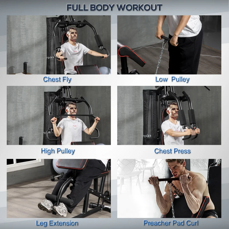 Statie de fitness HOMCOM cu greutati de otel de 4,5 kg, aparatul de gimnastica multifunctional pentru antrenament acasa, 170x104x205cm, negru