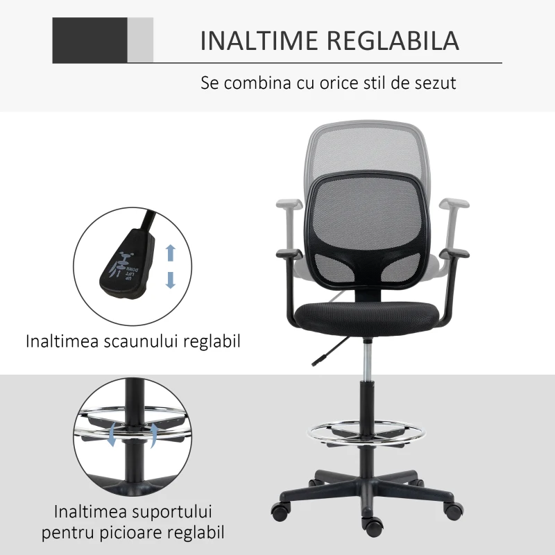 Vinsetto Scaun de birou reglabil pe inaltime cu cotiere, roti pivotante si scaun captusit cu cauciuc spuma, 60x56x110-132cm, negru