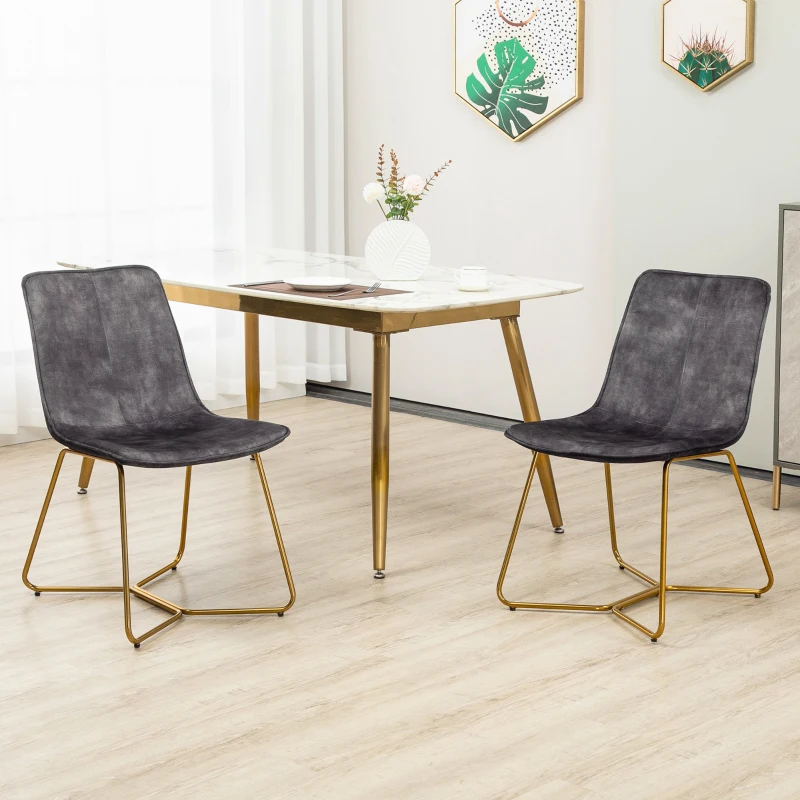 HOMCOM Set de 2 scaune de sufragerie si de lounge fara cotiere, scaune tapitate din catifea cu picioare aurii, gri