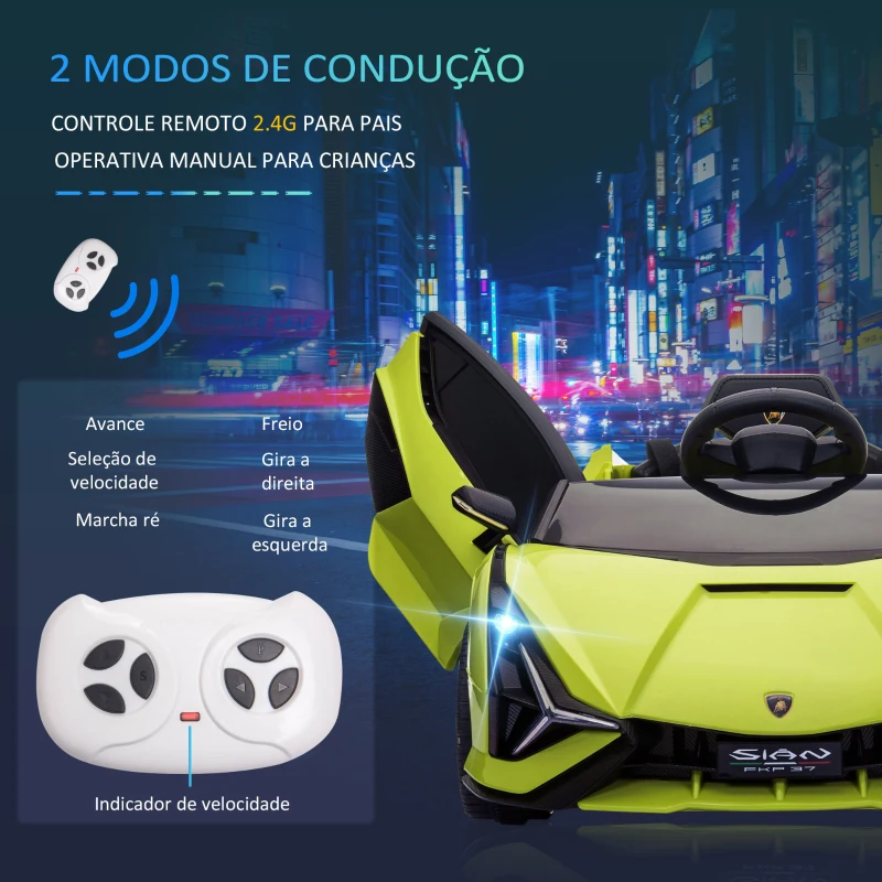 HOMCOM Carro Elétrico Lamborghini SIAN 12V para Crianças de 3-8 anos com Controle Remoto Abertura da Porta Música MP3 USB e Faróis 108x62x40cm Verde