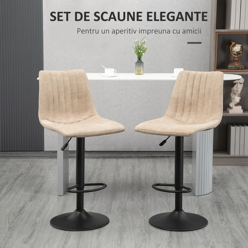 HOMCOM Set de scaune de bar reglabile pe inaltime 2 piese cu suport pentru picioare, otel si poliester, 47,5x57,5x95-116 cm, maro deschis