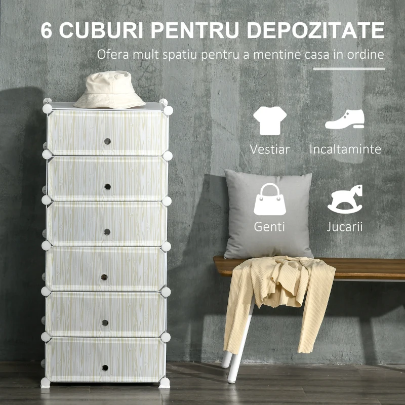 HOMCOM Mobilier pentru incaltaminte modular, 6 cuburi 45x35x17cm din plastic PP si otel, alb