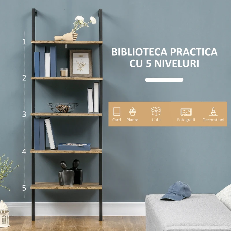 Homcom Biblioteca Industriala cu Scara – 5 Niveluri 60×30×184,5 cm