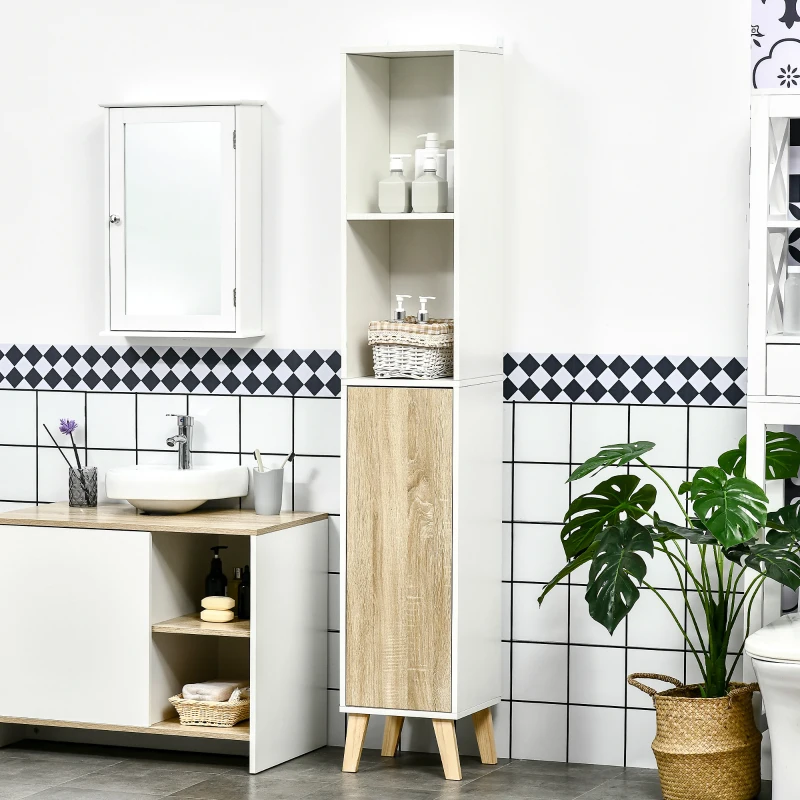 Kleankin Mobilier pentru baie, coloana pentru baie, 31x30x177cm, Alb  si lemn natural