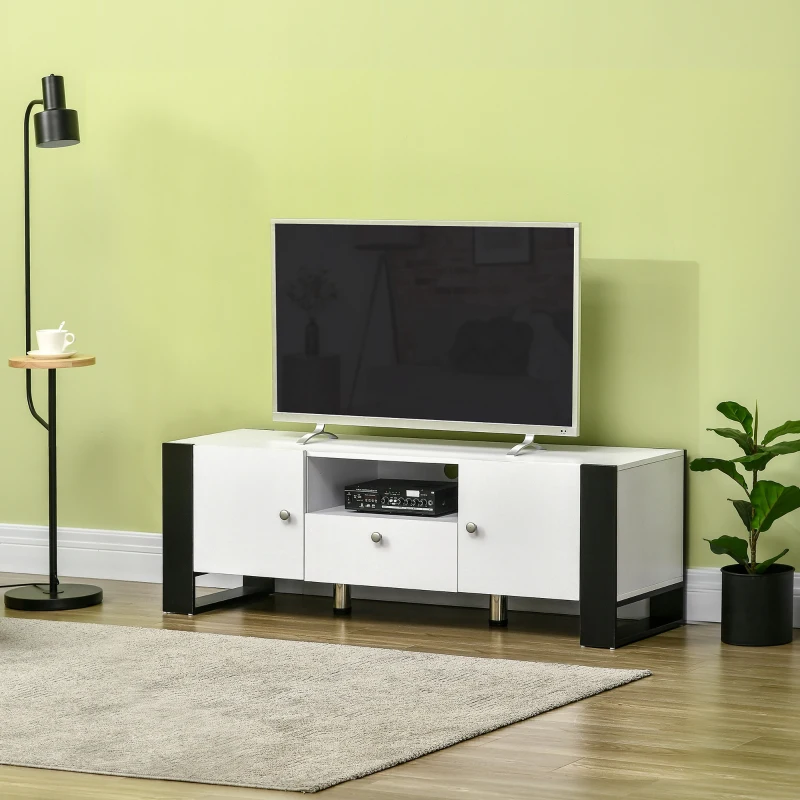 HOMCOM Dulap TV modern cu dulapuri, sertar si polita, dulap joasa din lemn pentru TV pana la 65", 140x43x48cm, alb-negru