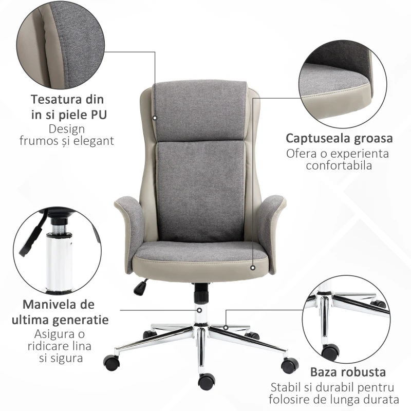 Vinsetto Scaun de birou elegant din 2 tesaturi, scaun ergonomic reglabil pe inaltime cu roti pivotante, 65x72x108-118cm, gri