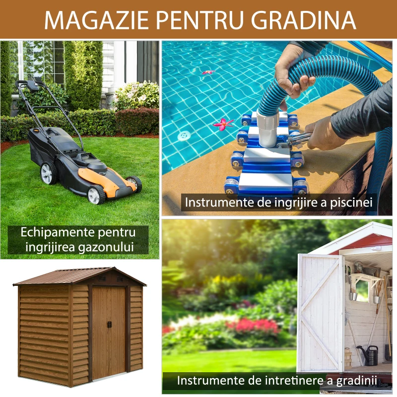 Outsunny Magazie de Grădină cu Uși Glisante, Magazie pentru Scule cu Structură din Oțel, 152x236x209cm, Lemn Natural